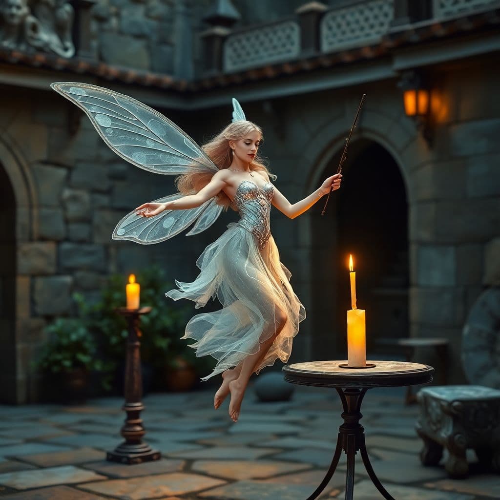 AI generated: A beautiful Fairie in a shimmering sliver costume with a wand in her hand floats effortlessly near a...