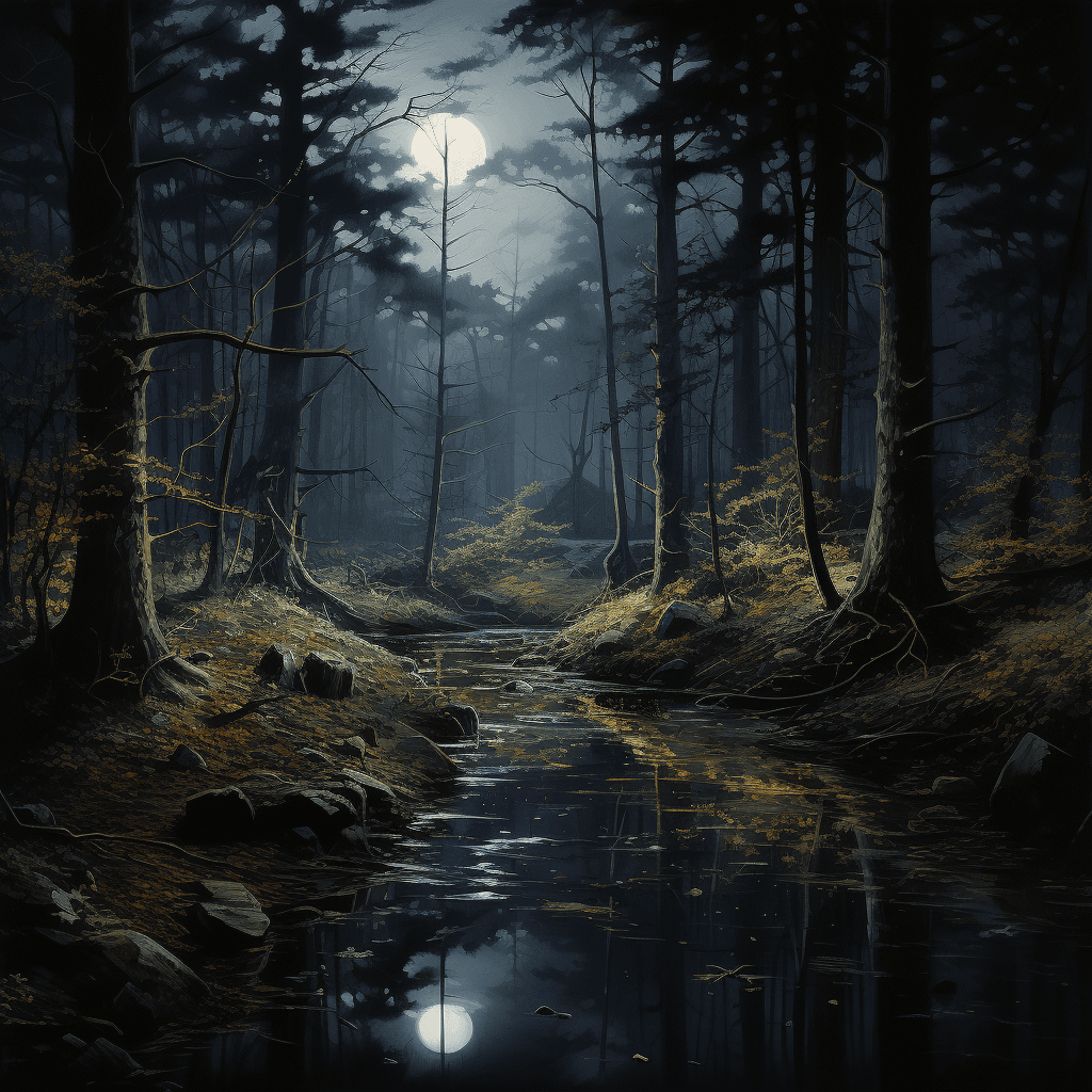 AI generated: A photorealistic painting of a forest at night, with the moon shining through the trees. - - aspect ...