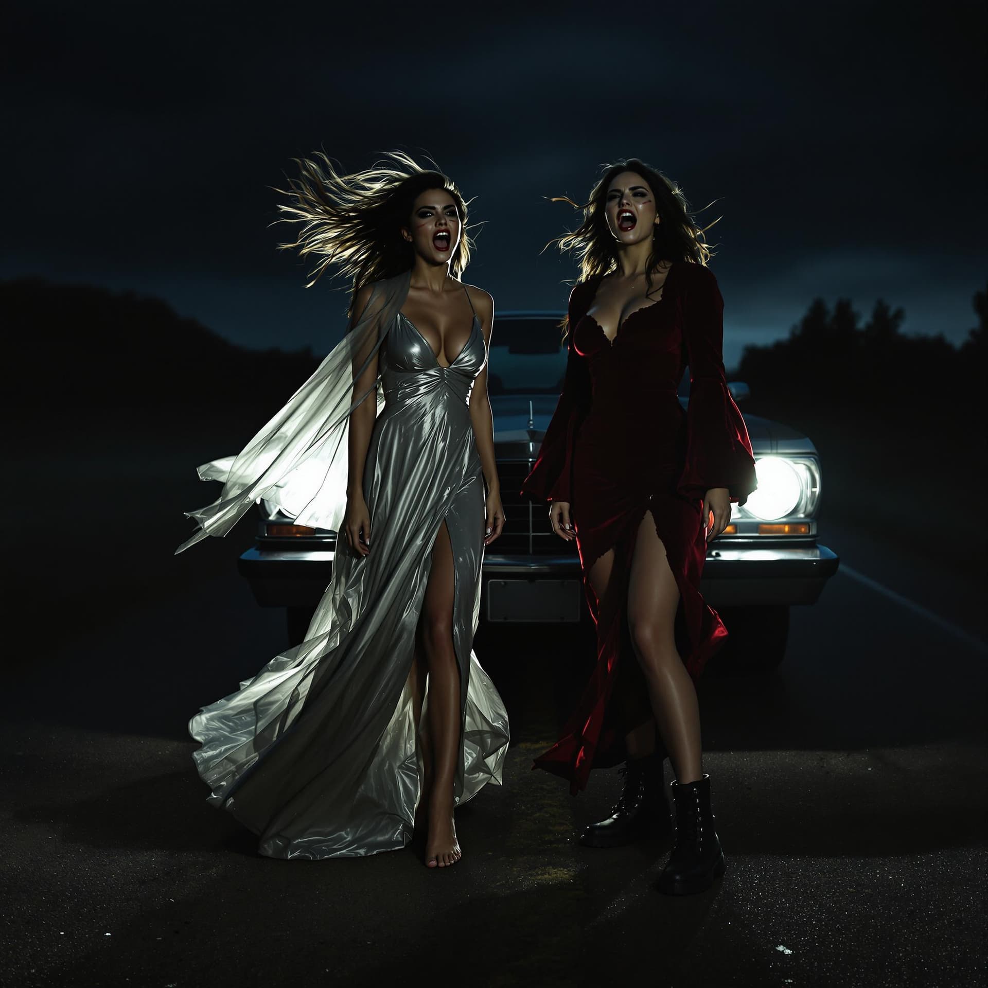 AI generated: two women on a swampy backroad at night, lit only by the headlights of an old car. They stand in fro...
