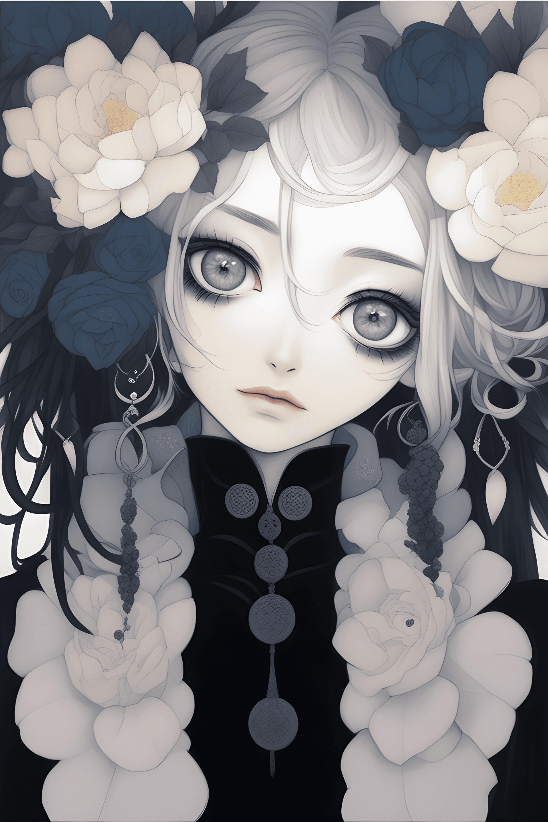 AI generated: a painting of a woman with flowers in her hair, a detailed painting, by Ayami Kojima, pixiv, gothic ...