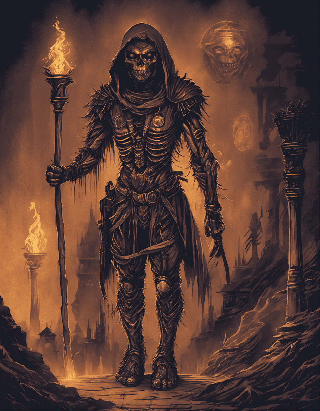 AI generated: A mummy in a tomb at night, Foggy with torch light, Poster design, ~*~Enhance~*~, (style of Dan Mumf...