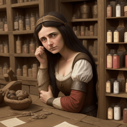 AI generated: sympathic but sad alchimist in her 20s in a medieval shop.