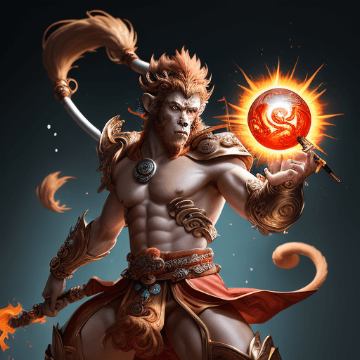 AI generated: masterpiece, concept art, mid shot, dynamic pose, centered, splash art, Sun wukong, (anthropomorphis...