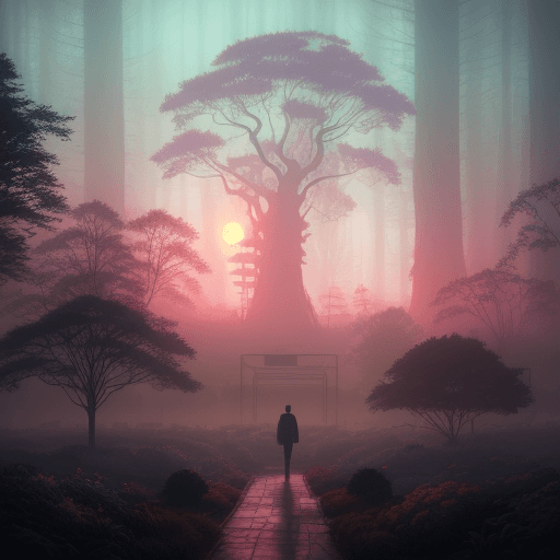 AI generated: Sunrise over a mystical garden by Simon Stålenhag, featuring a silhouetted figure walking in the mor...