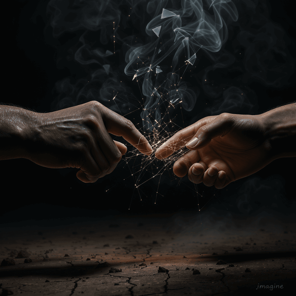 AI generated: /imagine prompt: A powerful symbolic image representing "dialogue amidst tension". Two strong, weath...