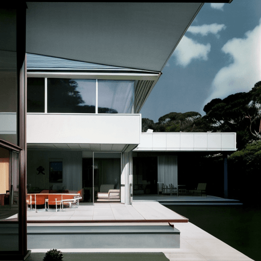 AI generated: Hyper realistic eye level exterior photo of a mid century modern style house overlooking the ocean, ...