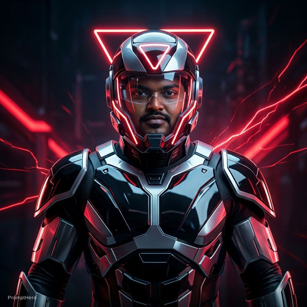 AI generated:  futuristic cyborg boy featuring a captivating reflective cybernetic helmet adorned with glowing tri...