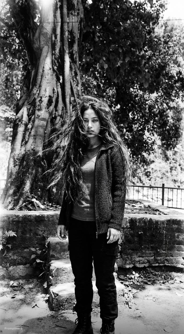 AI generated: a woman with long wild hair on a windy day, in the style of toy camera effects, haunting elegance, f...