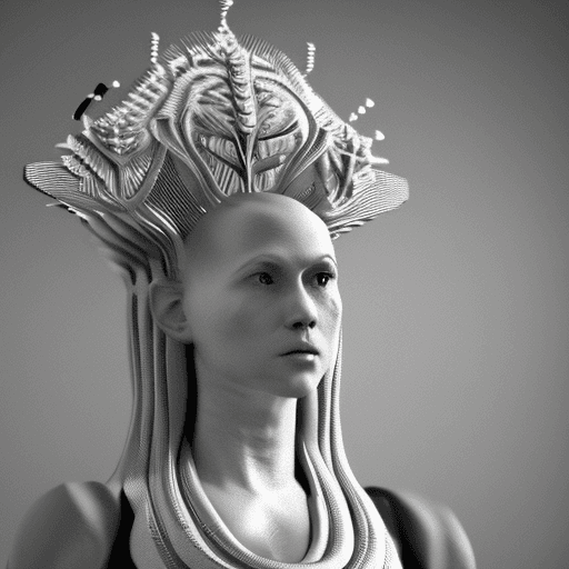 AI generated: A hyper-realistic sci-fi black and white sculpture of a woman adorned with an elaborate crown, rende...