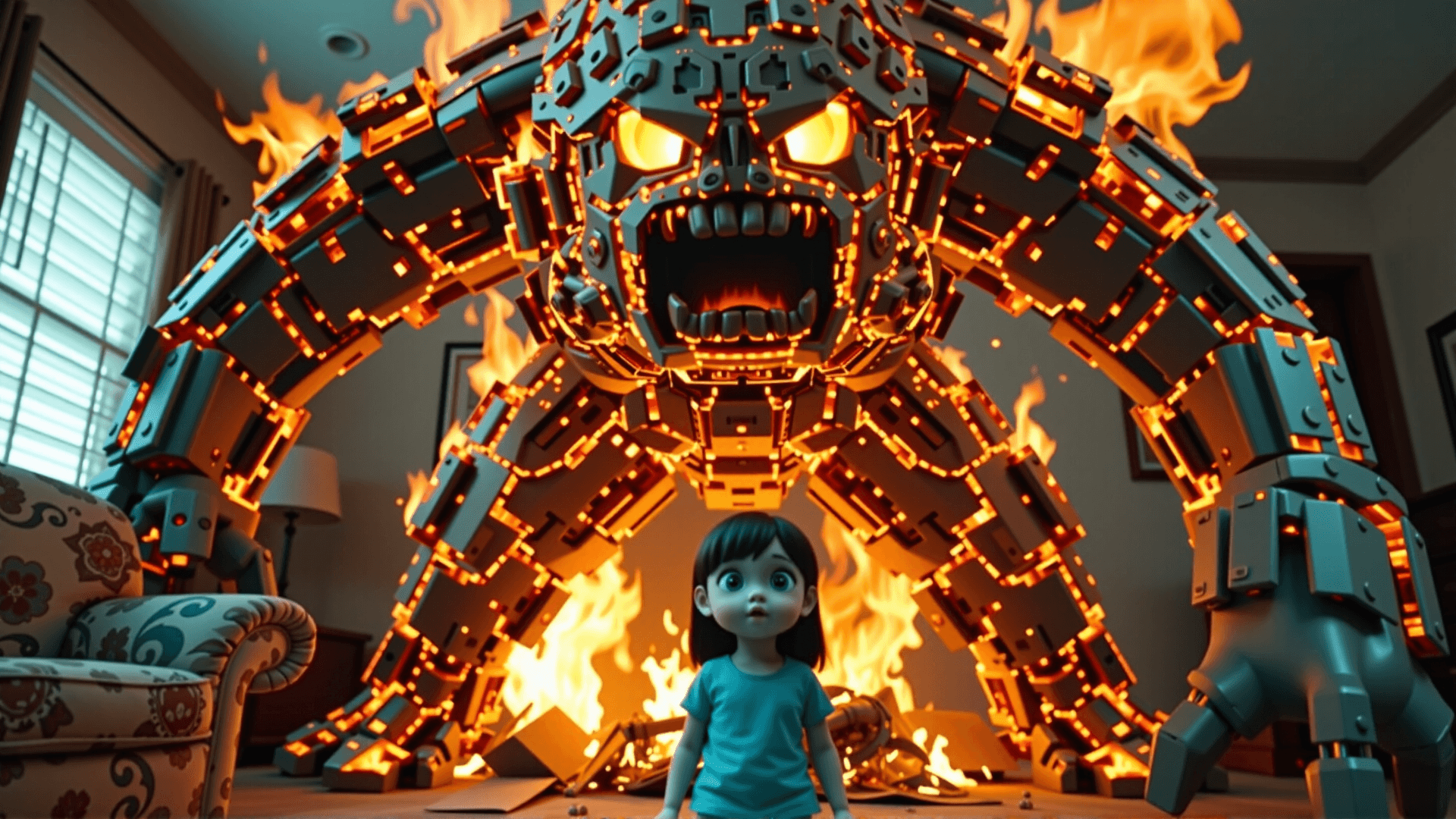 AI generated: A visually striking transition shot: The intense, fiery scene of the burning cardboard monster begin...