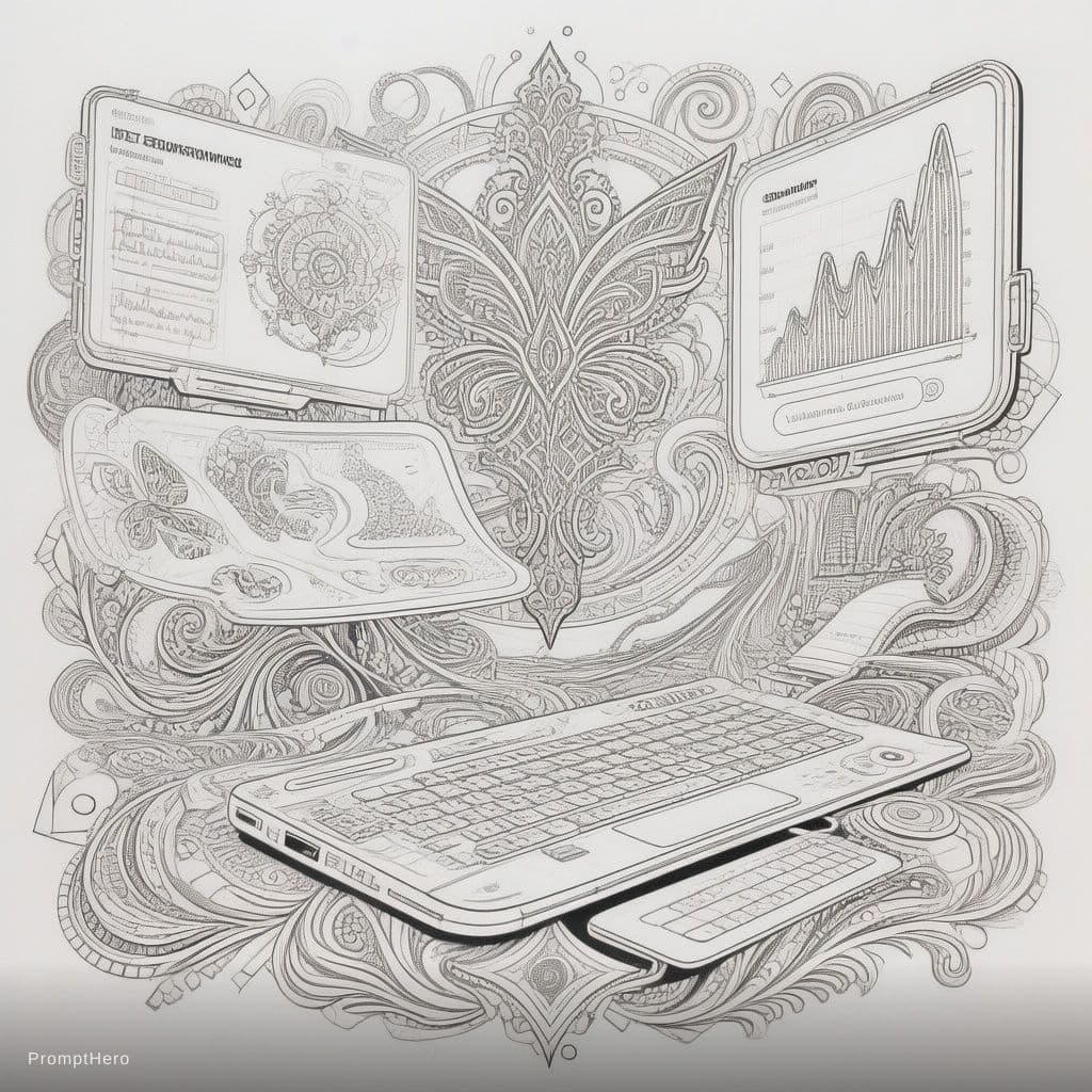 AI generated: A highly detailed black and white line art illustration of a futuristic digital workspace, featuring...