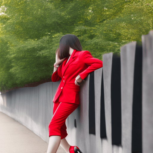 AI generated: A girl leaning on wall in park, wear red one-piece suit and black heels