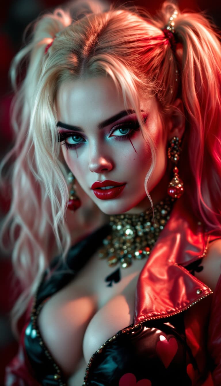 AI generated:  photo realism fictional character harley quin dressed like lady gaga fashion maner, in full shot vi...