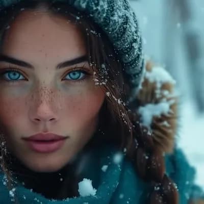 AI generated video: incredibly beautiful Norwegian woman blue eyes, long eyelashes, mascara black eye liner, freckles. w...