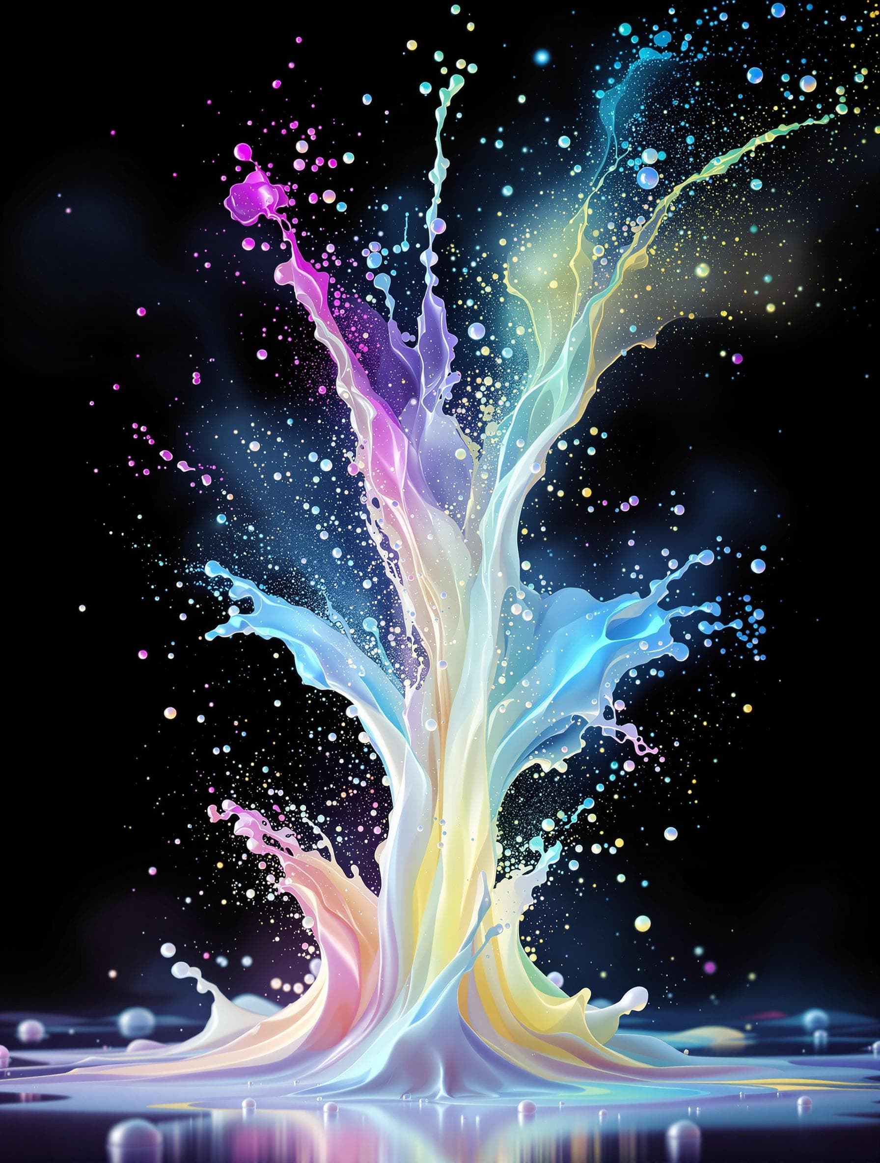 AI generated: glowing holographic milky fluid explosion, drip, splashes, powder, smoke, black background, hq abstr...