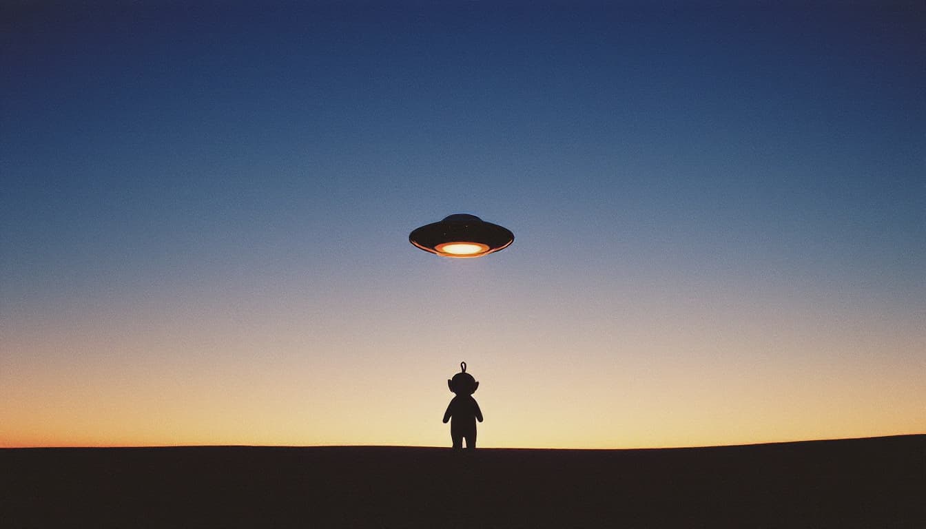 AI generated: A minimalist dusk scene of a UFO hovering above a lone Teletubbie, set against a new, unfocused hori...