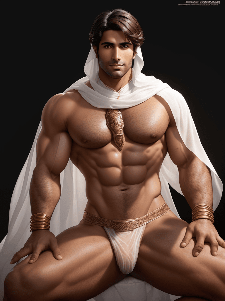 AI generated: Arab complexion, big muscles and big thighs, dark-brown hair, in his thirties, He wears a tiny trans...