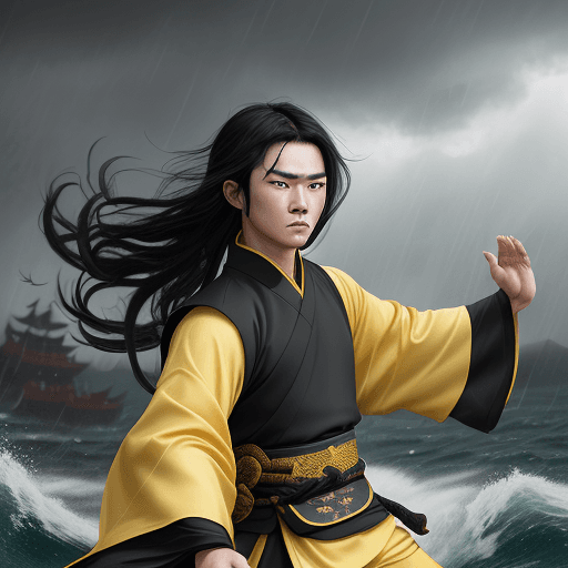 AI generated: A young warrior in ancient China with black hair and wearing yellow Hanfu is fighting on the sea und...