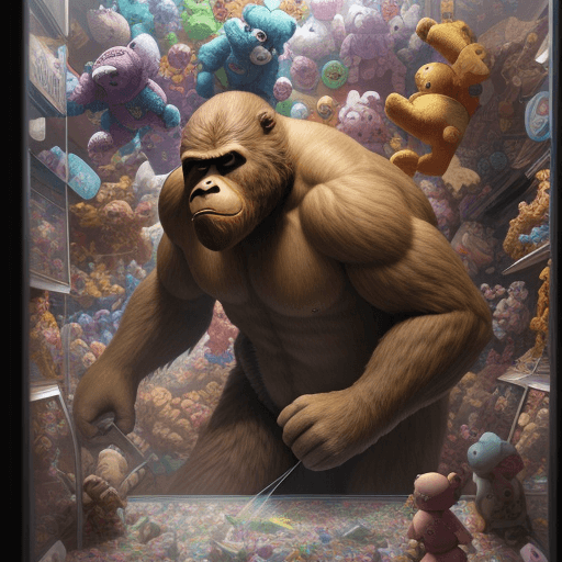 AI generated: Bigfoot Breaks Glass Of Claw Machine and Takes Stuffed Animal from it, Expansive, Hyperdetailed, Sha...
