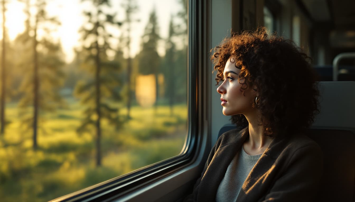 AI generated: A slim woman around 40 years old with curly dark hair, sitting alone in a modern train car, facing t...