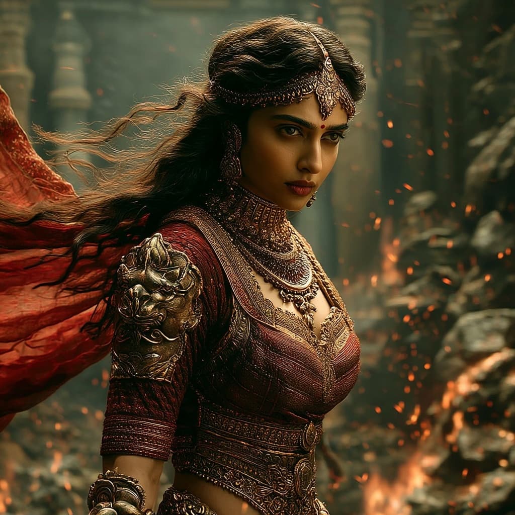 AI generated: Portrait of an exceptionally beautiful Indian warrior queen, her regal face glowing with strength an...