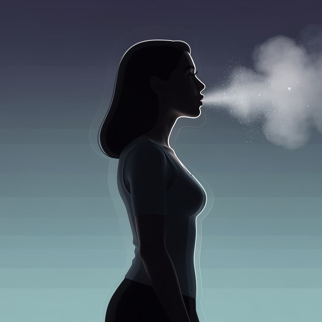 AI generated: Silhouette of a woman from the side::1.3, posed in stillness, exhaling mist that seems both flat and...