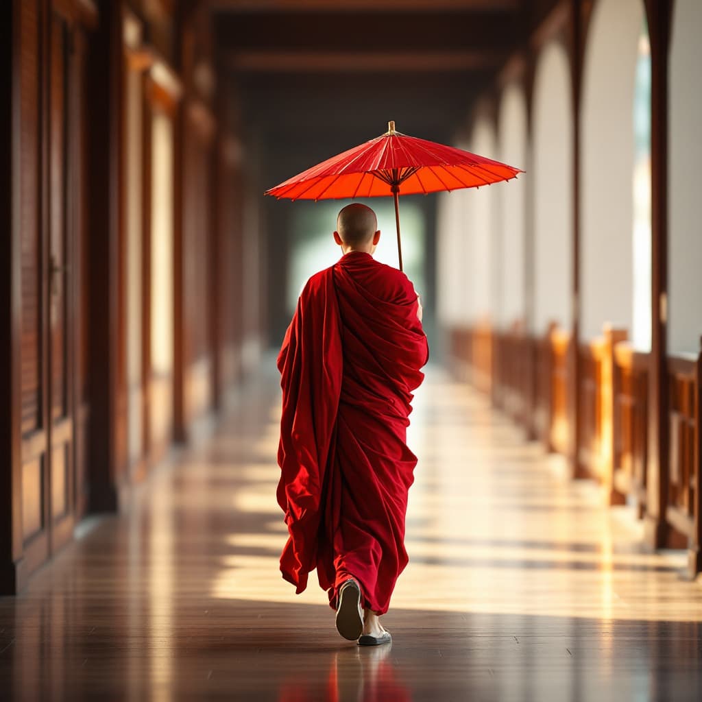 AI generated: A young monk in a vibrant red robe walks gracefully down a serene, wooden corridor, holding a tradit...