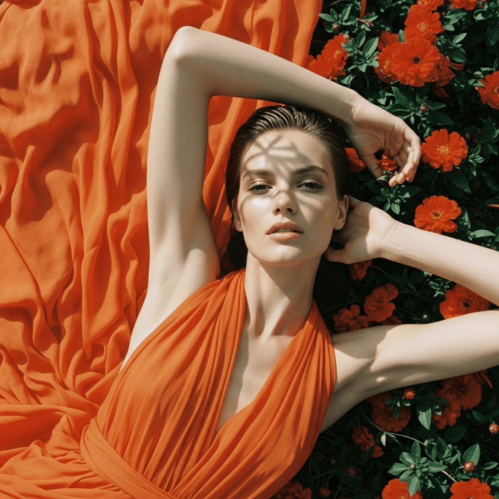 AI generated: Kodak disposable photography of beautiful fashion model with orange dress, laying on orange flower b...