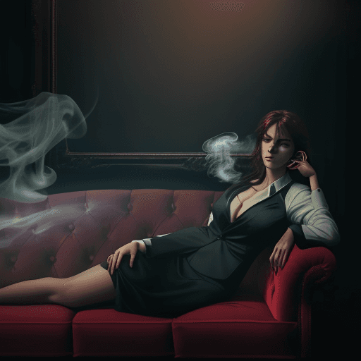 AI generated: photography, dimly lit room with a hazy atmosphere, capturing a female figure lounging on a deep cri...