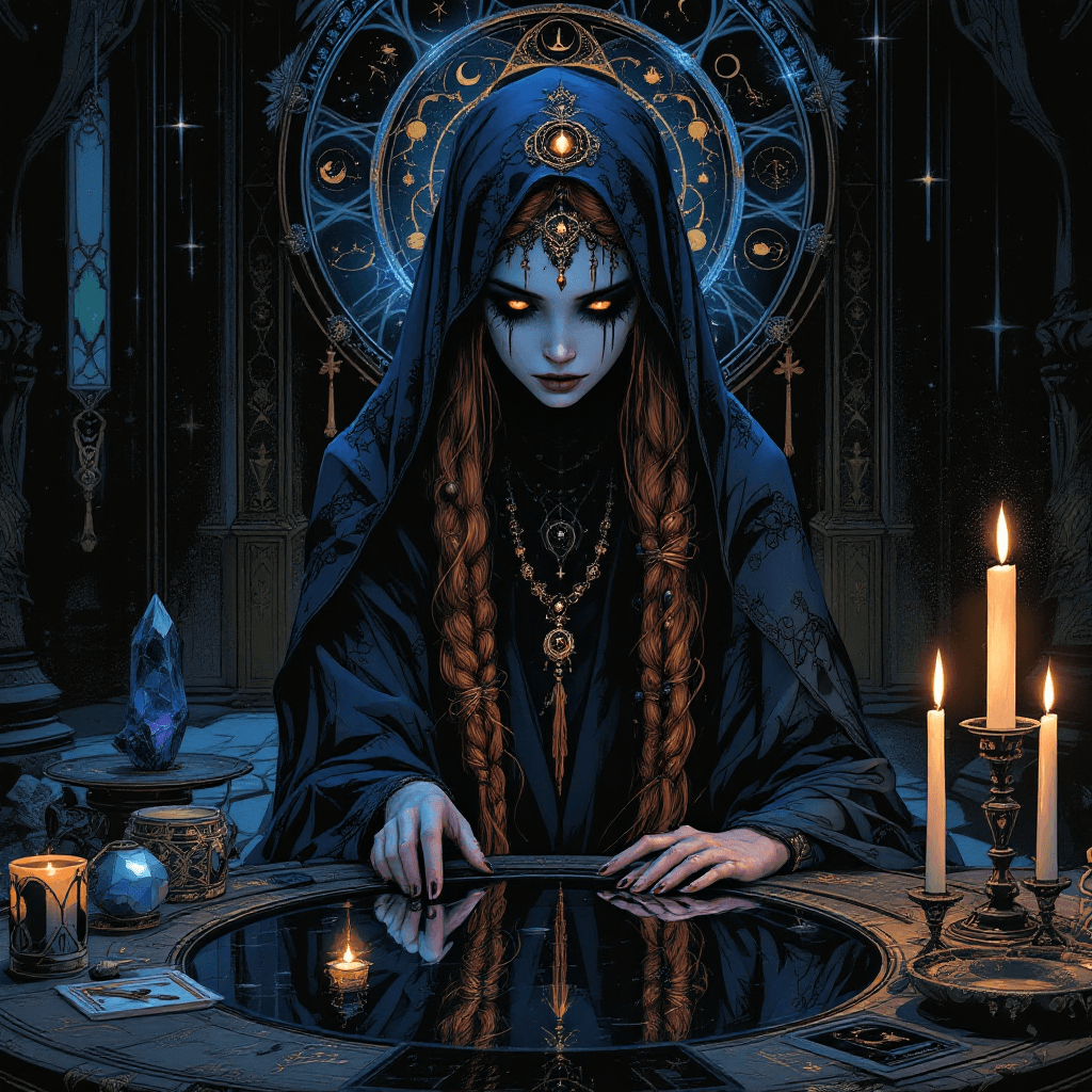 AI generated: The Oracle of the Obsidian Mirror: An enigmatic seer with long, dark auburn hair often styled in int...