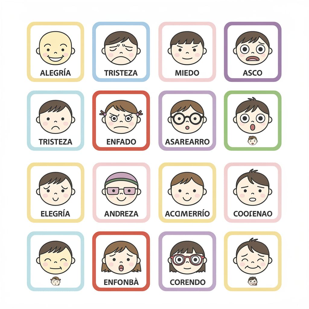 AI generated: 24 tarjetas educativas de emociones para niño autista, dispuestas en cuadrícula 4x6 sobre fondo blan...
