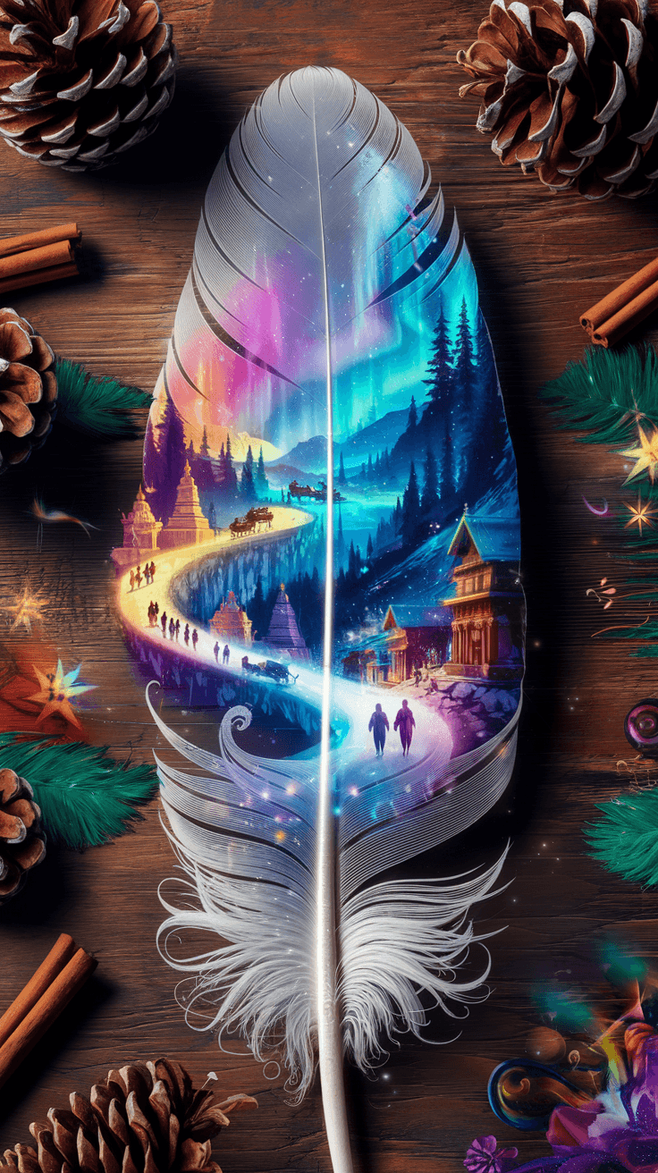 AI generated: High-definition double exposure artwork with vibrant colors featuring a macro white filigree feather...