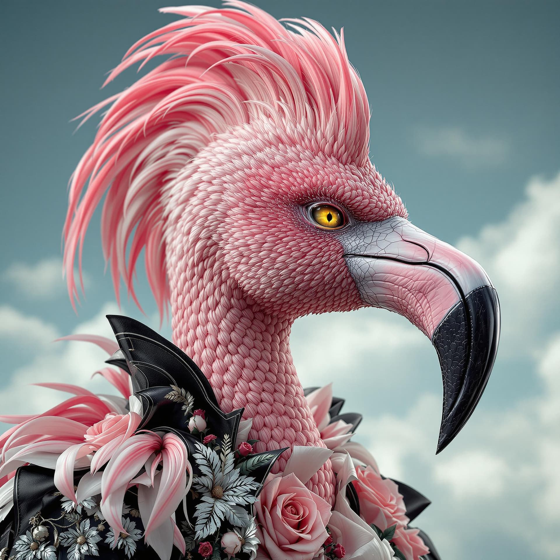 AI generated: ultra realistic photo, fantasy character portrait, male pink feather anamorphic flamingo face!, hype...