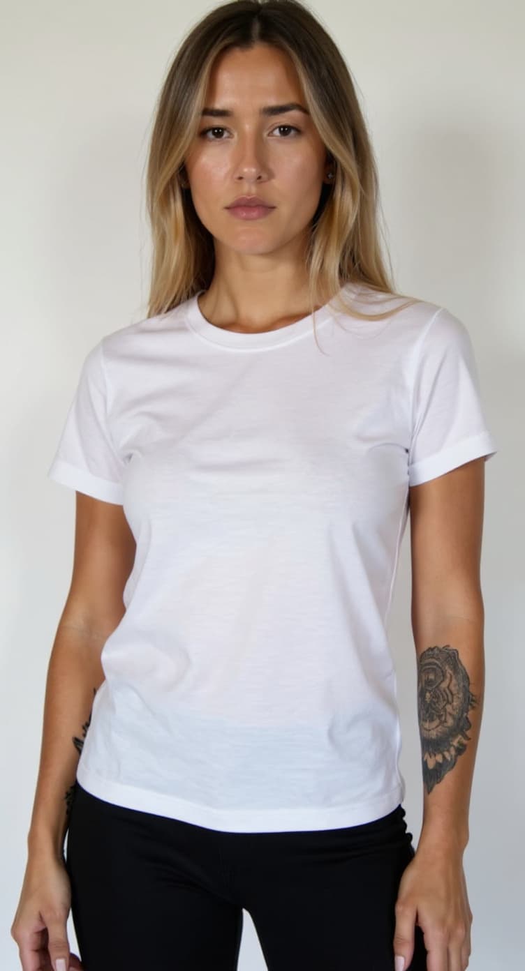 AI generated: ultra detailed, detailed, girl with medium lenght hair blonde, cinematic, white t-shirts