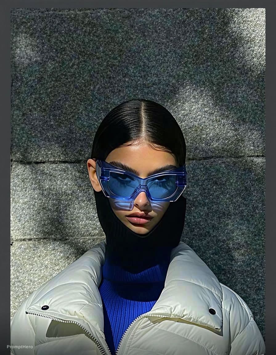 AI generated: Fashion shoot, Jacquemus and Moncler collaboration: dark blue translucent futuristic sunglasses, hyp...