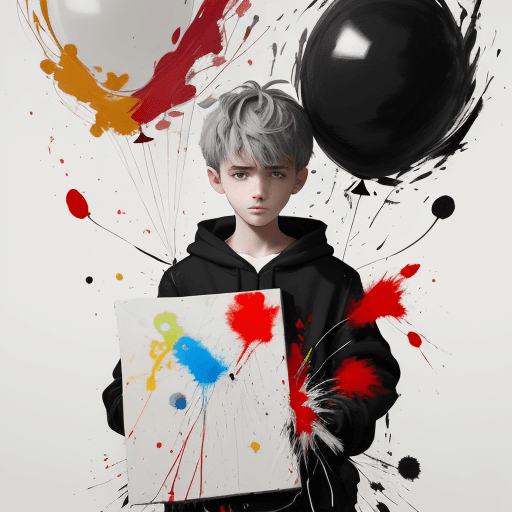 AI generated: An abstract artwork that seems to be a fusion of a  a boy holding a balloon and a canvas. The boy, w...