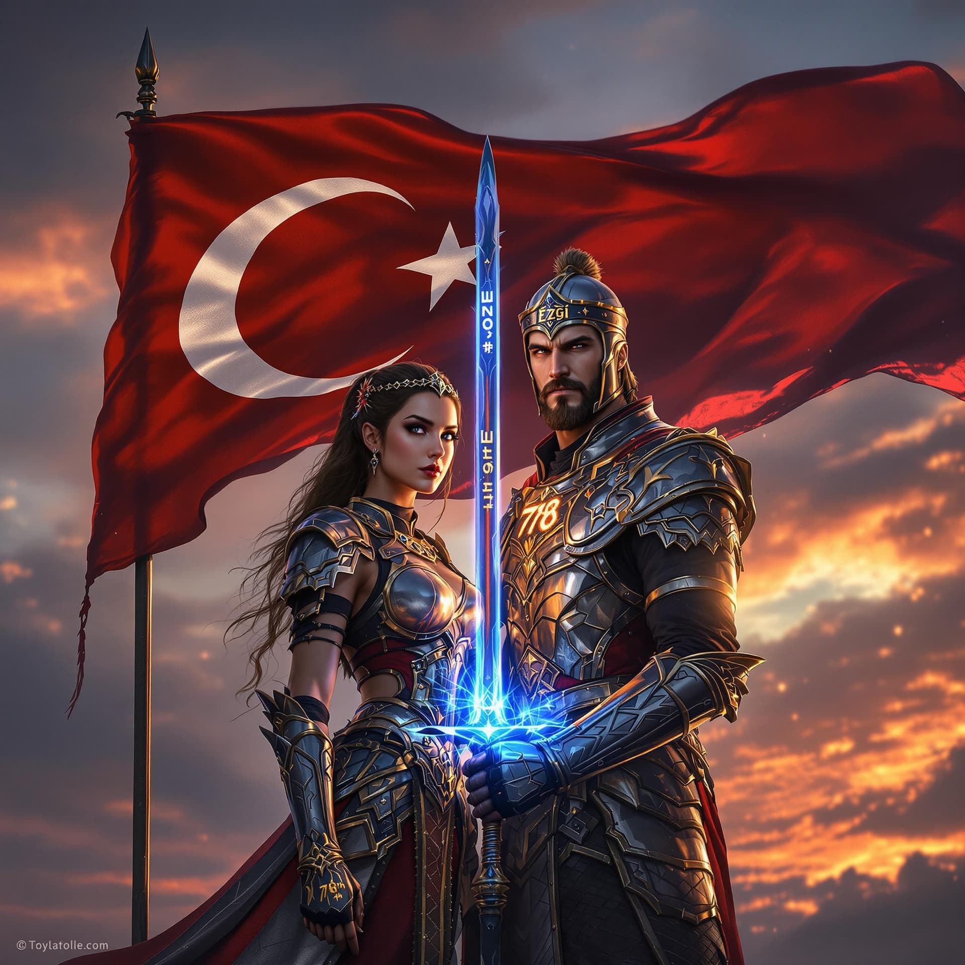 AI generated: A fierce lady warrior clad and her boyfriend warrior standing next to each other. They are in tradit...