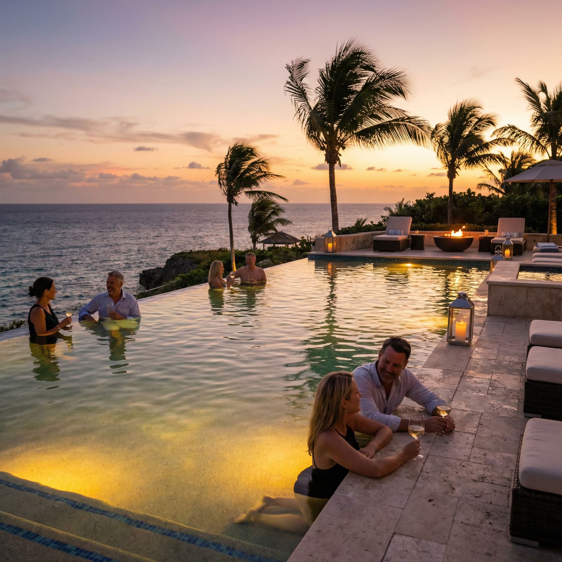 AI generated: Guests enjoying the infinity pool at sunset, glowing ambient lights, reflections in water, palm tree...