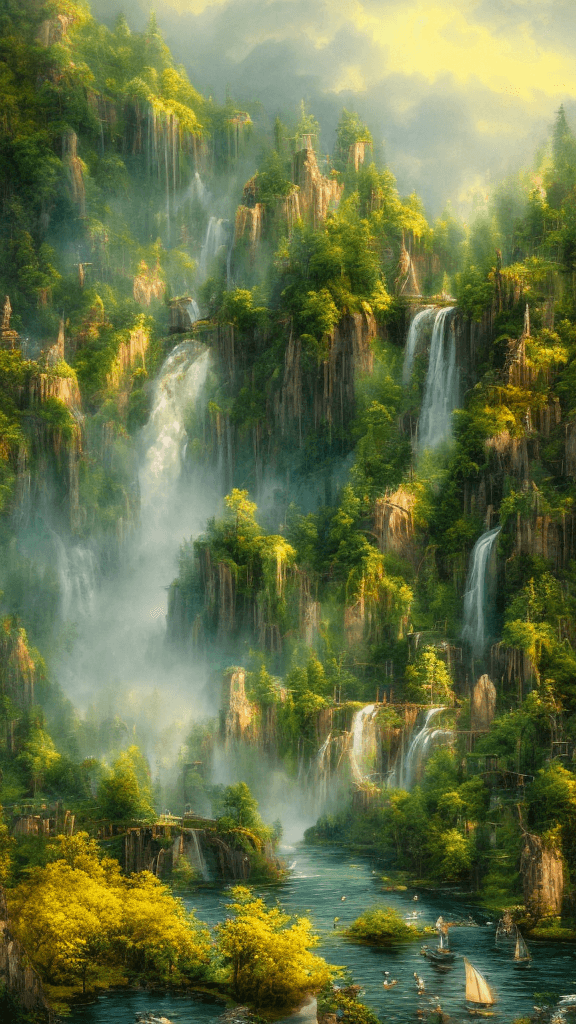 AI generated: summer landscape, yellow-green
 color, Bokeh, the waterfall, fog over the lake, insanely detailed an...
