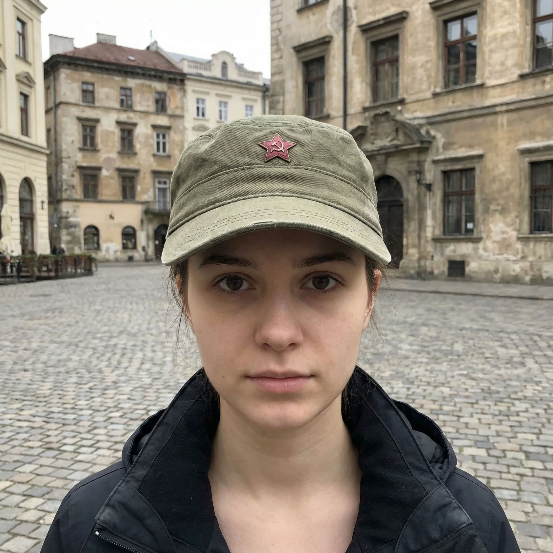 AI generated: add a communist cap and make here face the camera