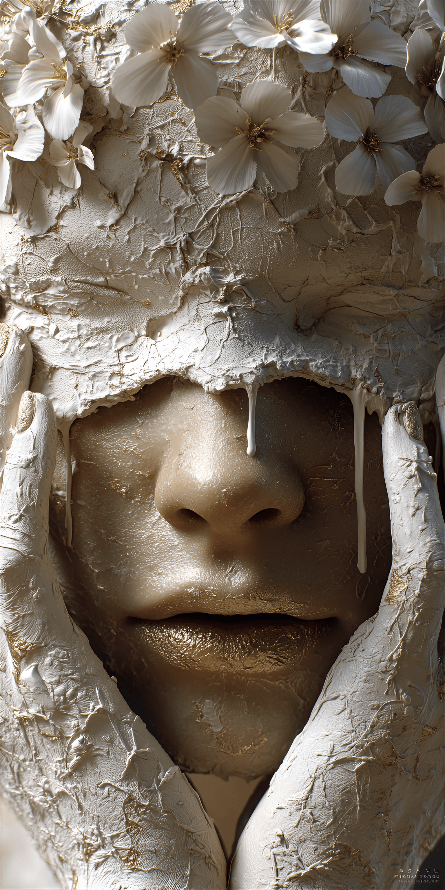 AI generated: woman's face, partially obscured by a mask made of textured white material resembling clay or plaste...