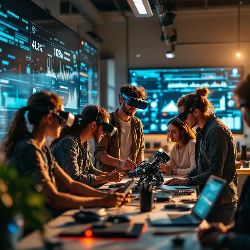 AI generated: A group of young university students, passionate about technology and innovation, collaborating in a...