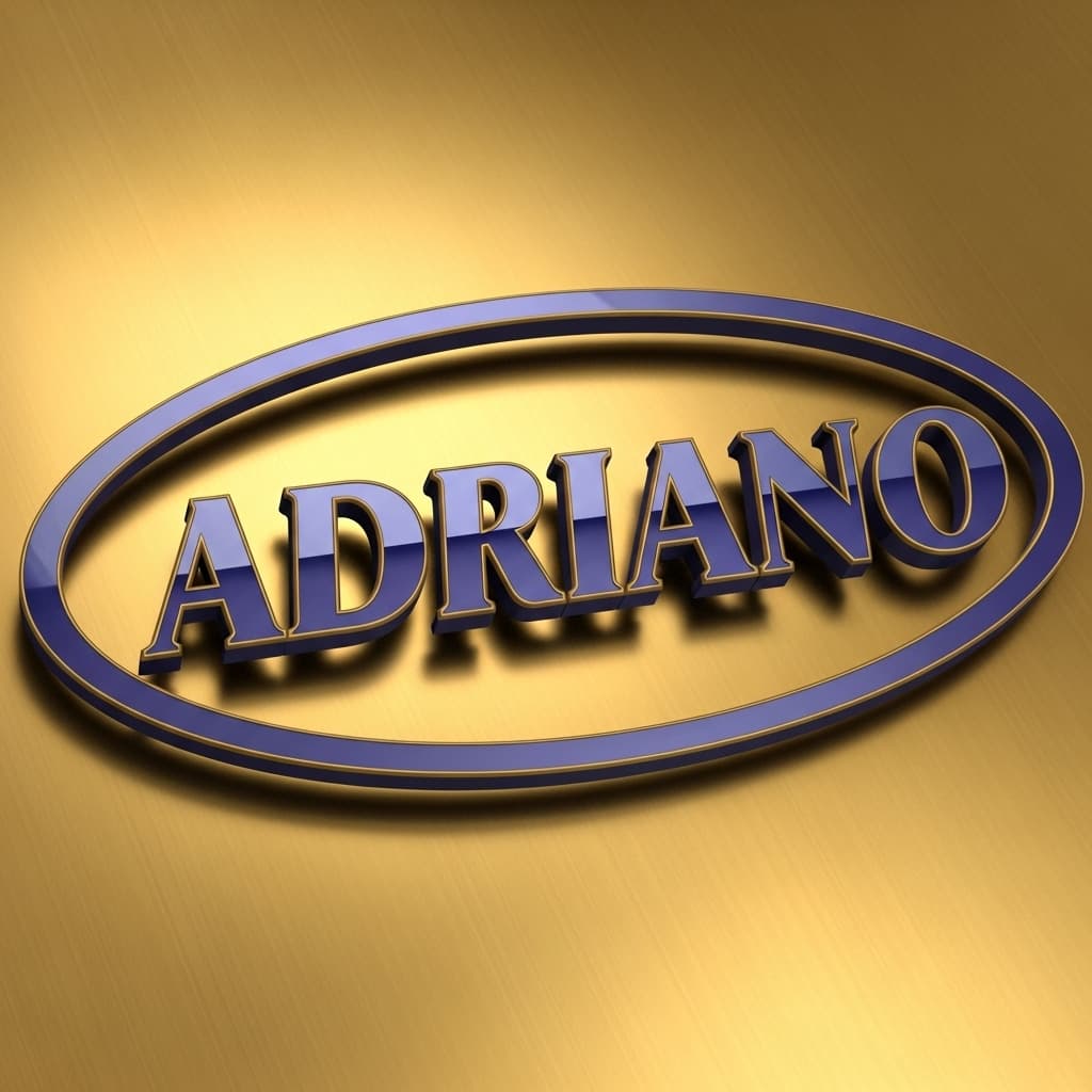 AI generated: 3D logo design featuring indigo text Adriano on a gold background. Include an oval around the letter...