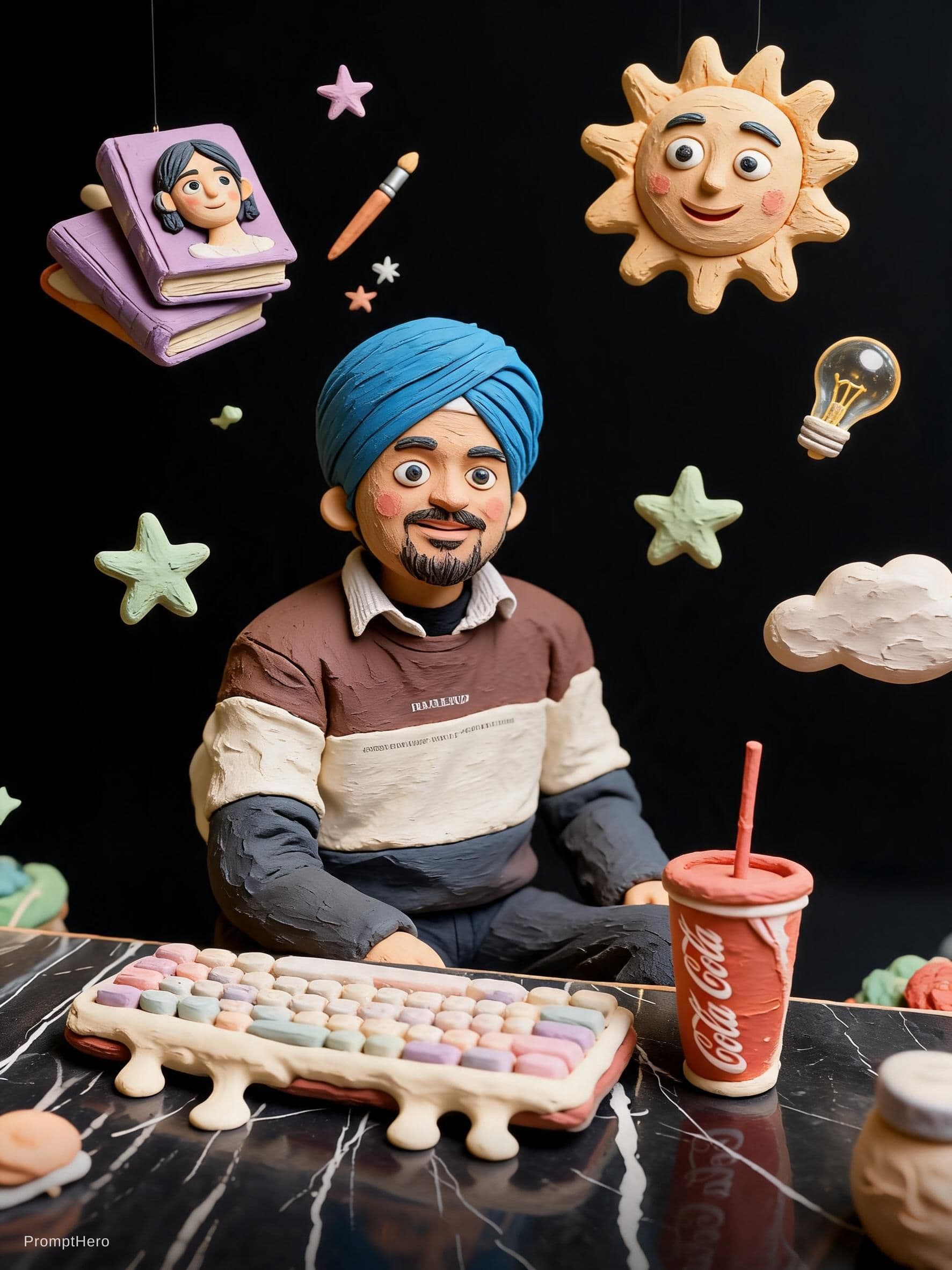 AI generated: surreal editorial composition, hyperrealistic human mixed with handmade plasticine sculptures, tacti...