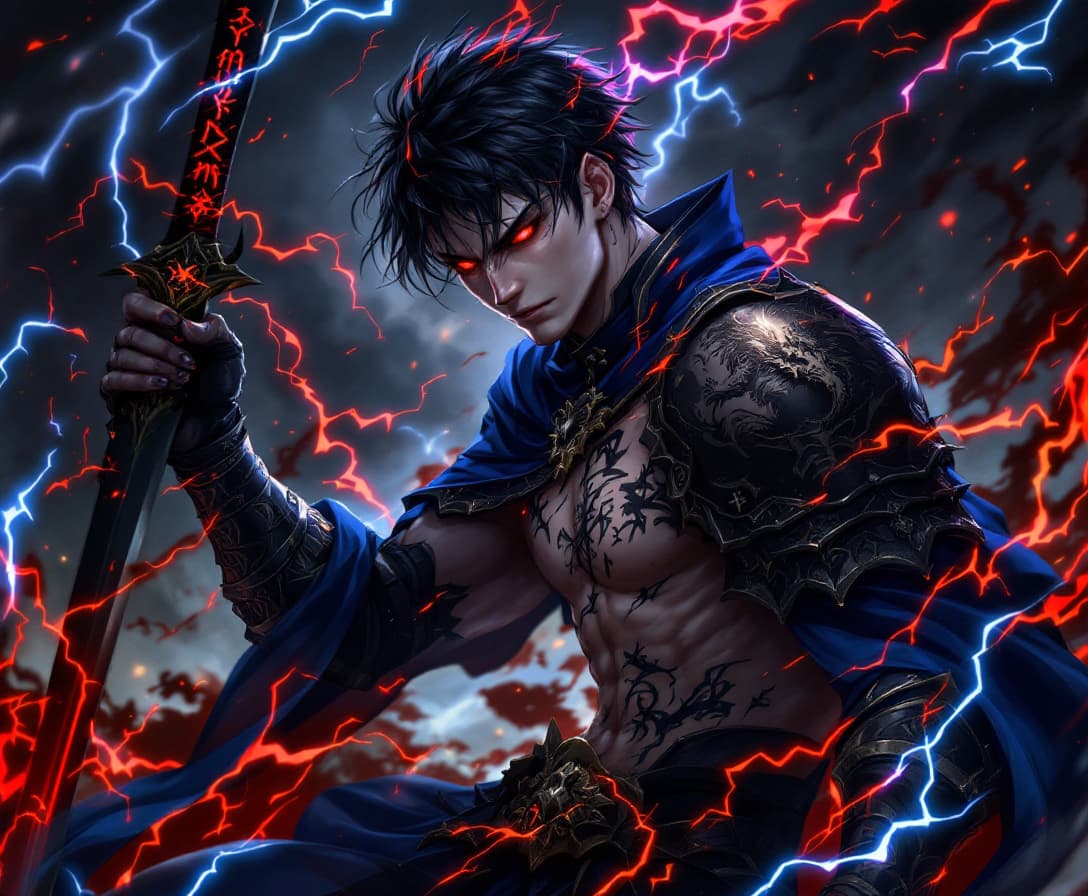 AI generated: a man with light skin, short black hair, black armor with blue fabric, and a black sword with a red ...