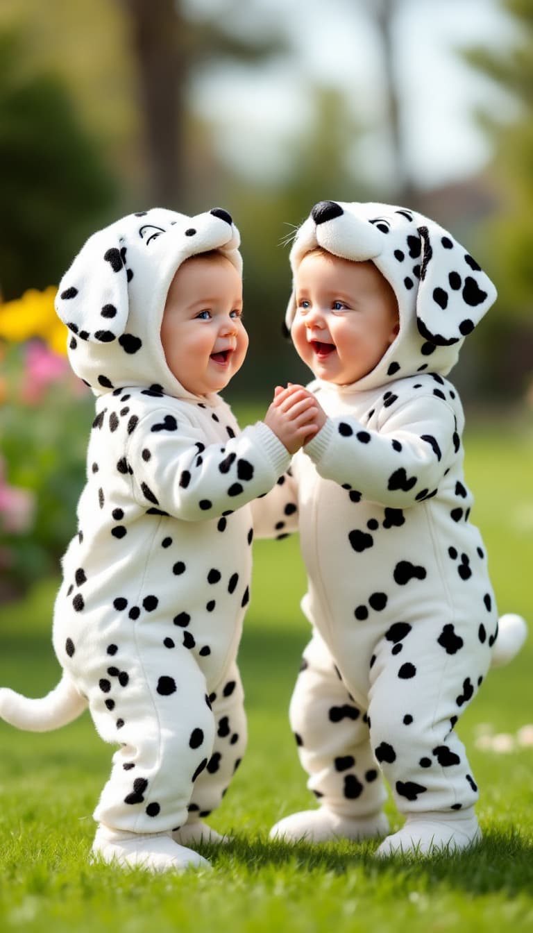 AI generated: A hyper-realistic image of a human baby and a Dalmatian puppy, both the same size; the human baby is...