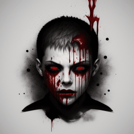 AI generated: blood, bloody, head with knives stuck in it, blood-colored black eyes, demon, 12k
