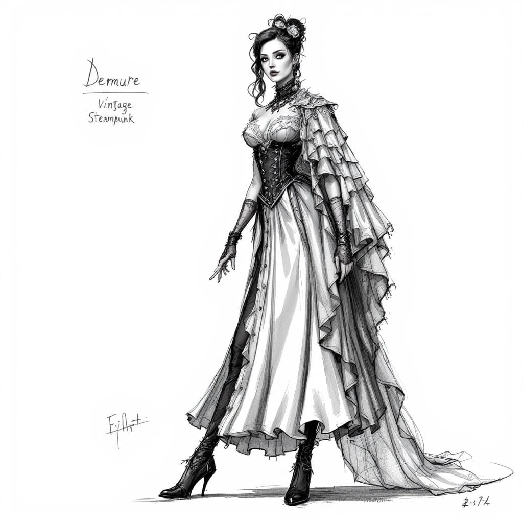 AI generated:  Character sheet, "Demure vintage Steampunk", concept draught sketch fashion design for a retro 1800...