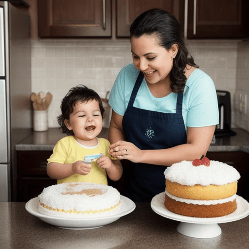 AI generated: create an image of a baby, with his grandmother in the kitchen, making a cake dirty with farina, wit...