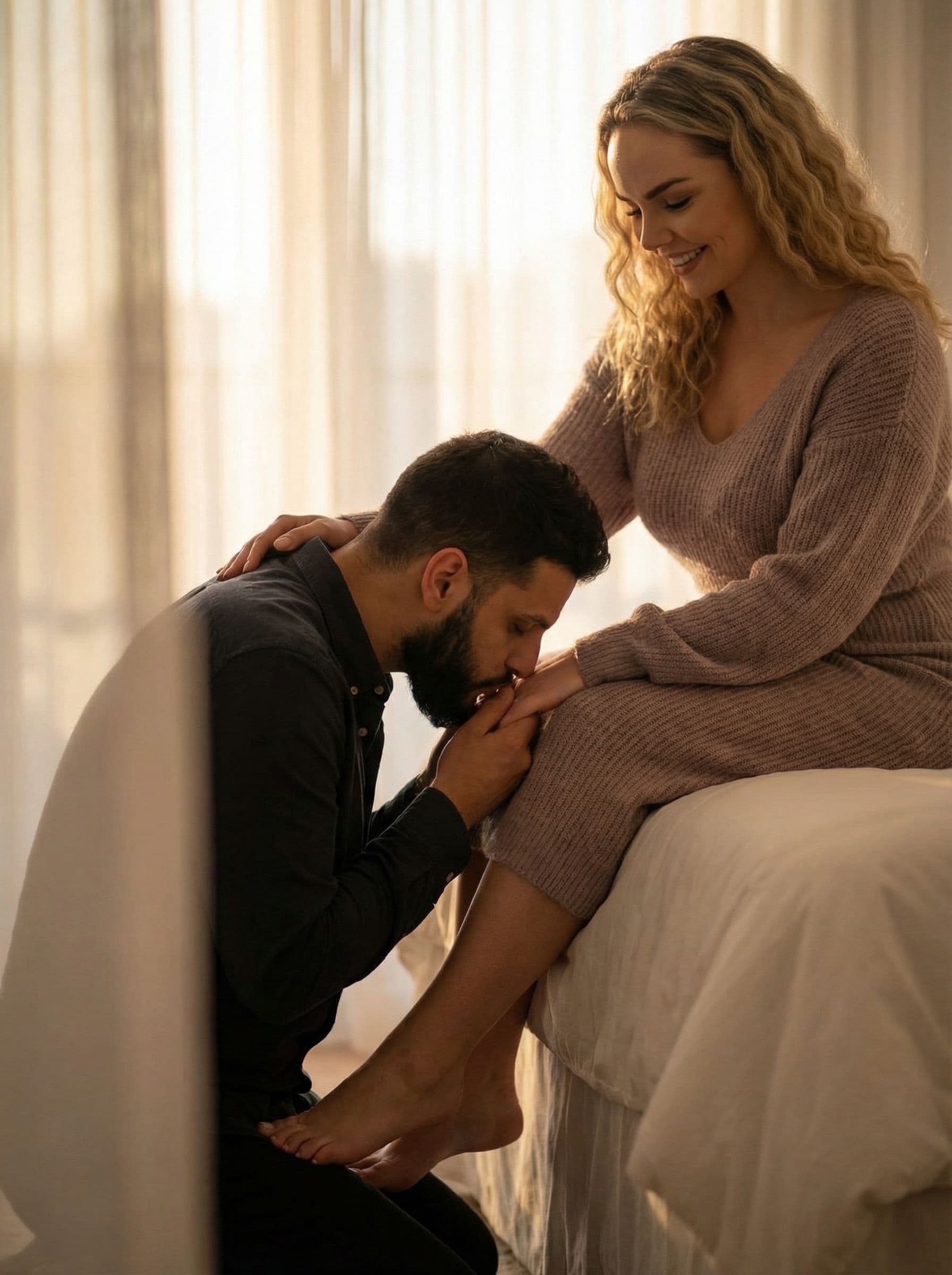 AI generated: A romantic, artistic scene of a husband gently kissing his wife’s foot, soft lighting, emotional and...